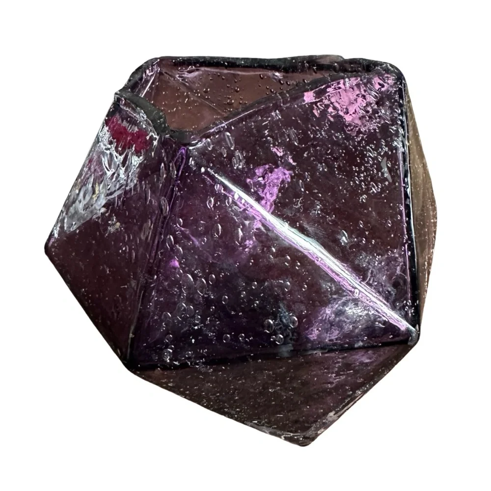 ANTHROPOLOGIE Geometric Amethyst Hand Blown Seeded Gem Glass Vase 6”x 8” Faceted